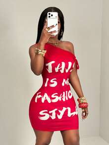 SHEIN BamGlam New Y2k Sexy Slanted Shoulder Strap Wrapped Hip Dress - Red - View 4