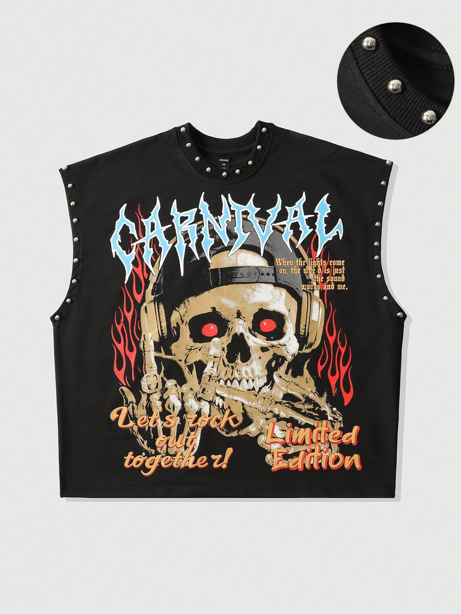 ROMWE MEN Street Life Men's Letter & Skull Print Rivet Loose Tank Top - Black - View 1