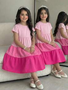 SHEIN Young Girl Woven Floral Contrast Lace Embroidery Hem A-Line Dress, National Floral Rose Patchwork , Short Sleeve, Spring And Summer,Suitable For Girls Daily Wear, Festivals, Vocation,Holidays,Family Gatherings And Special Occasions, Sibling Outfits Sisters Style Outfit, Spring And Summer,Cute & Elegant & Sweet & Vintage & Fashionable. - Hot Pink - View 4