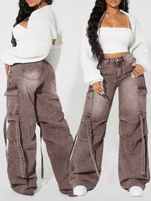 Slaydiva Women's Solid Color Slant Pocket Casual Wide Leg Cargo Jeans - Blue - View 1
