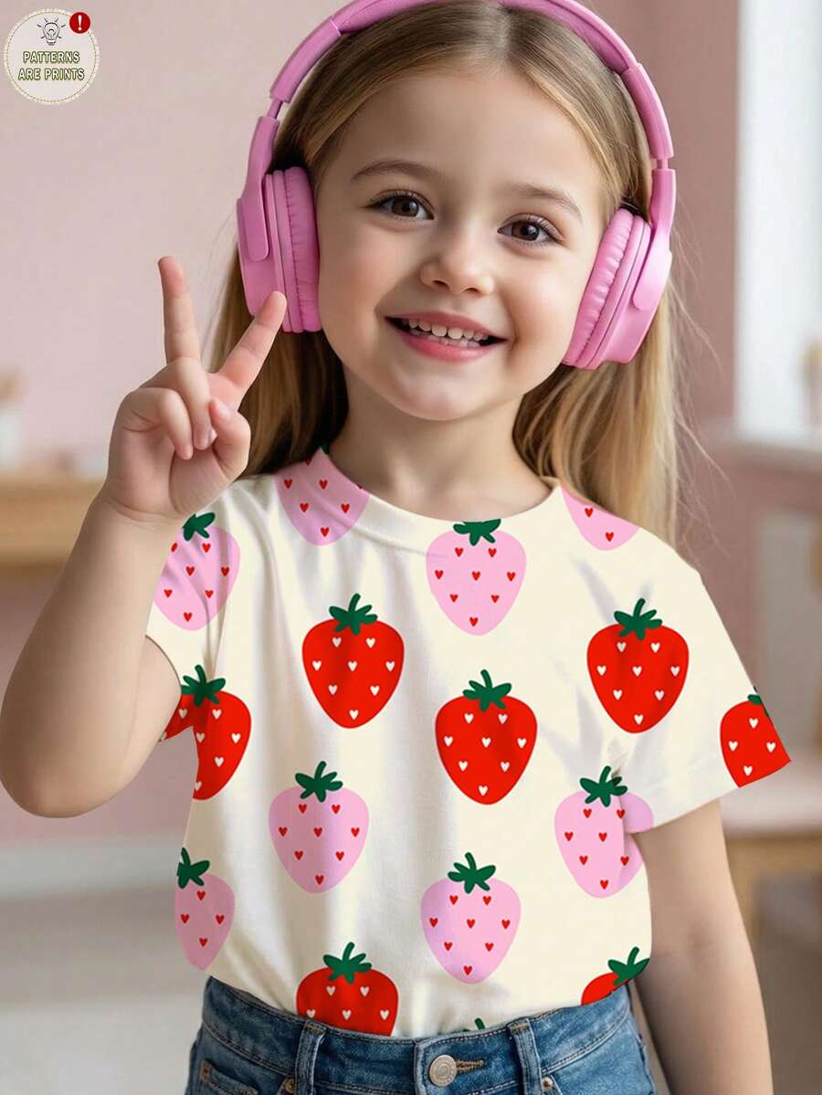 SHEIN Áo thun ngắn tay cổ tròn màu đỏ đơn giản, dễ thương, in hình dâu tây nhiều màu sắc, phong cách nghỉ mát, thích hợp cho bé gái, mùa hè, ngày Valentine, mặc hàng ngày, mặc cùng gia đình/bạn bè, đi nghỉ mát, đi học. Áo thun ngắn tay trẻ em in hình dâu tây, áo mùa hè cho bé gái. - Nhiều màu - Xem 1