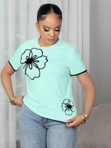 Melissa Matos Women's Floral Print Casual Round Neck Short Sleeve T-Shirt, Summer - Green - View 3