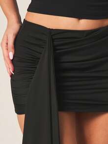 MISSGUIDED Women's Ruched Micro Mini Skirt Cover Up With Asymmetric Drape Tie Detail Beach Swim Wrap Summer Vacation Poolside - Black - View 4