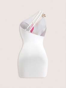 SHEIN Kỳ nghỉ lãng mạn, ngoài trời, sang trọng, hiện đại, cổ điển, thường ngày, thời trang, đa năng, quyến rũ, phong cách thành thị, trang phục hàng ngày, thanh lịch, công sở, đi làm, ngày lễ tình nhân, hẹn hò, tiệc tùng, bãi biển, cổ yếm, trang trí, cổ áo không đều, một vai, dây đeo mảnh, họa tiết hoa lớn, dệt kim, in kỹ thuật số, đầm ngắn cho nữ - trắng - Xem 2