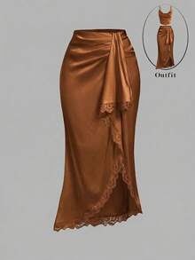 SHEIN MOD Chân váy dài nữ thanh lịch, lãng mạn, phối ren, vạt bất đối xứng - màu nâu - Xem 1