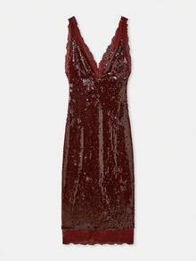 lacRébo Burgundy Sequin V Neck Maxi Dress With Lace Trim Party Dress Evening Dress Sexy Dress Premium Dress  New Year Dress Spring Summer - Burgundy - View 7