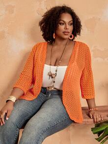 BrightlyHer Plus Size Women Solid Color Hollow Out 3/4 Sleeve Open Front Casual Jacket,Summer Dresses For Women ,Beach Outfits For Women,Holiday Outfits For Women,Country Outfits For Women,Women's Spring Jacket Plus Size Summer Cardigan Plus Size Spring Outfits Women Casual Outfits New Arrivals For Plus Size Woman Plus Size Outfits For Women Women's Plus Size Clothes - Coral Orange - View 6