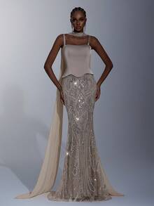 Elitara Petite Petite Elegant Luxurious Beaded Sequin Floral Mermaid Hem Dress Elastic Satin For Evening - Khaki - View 1