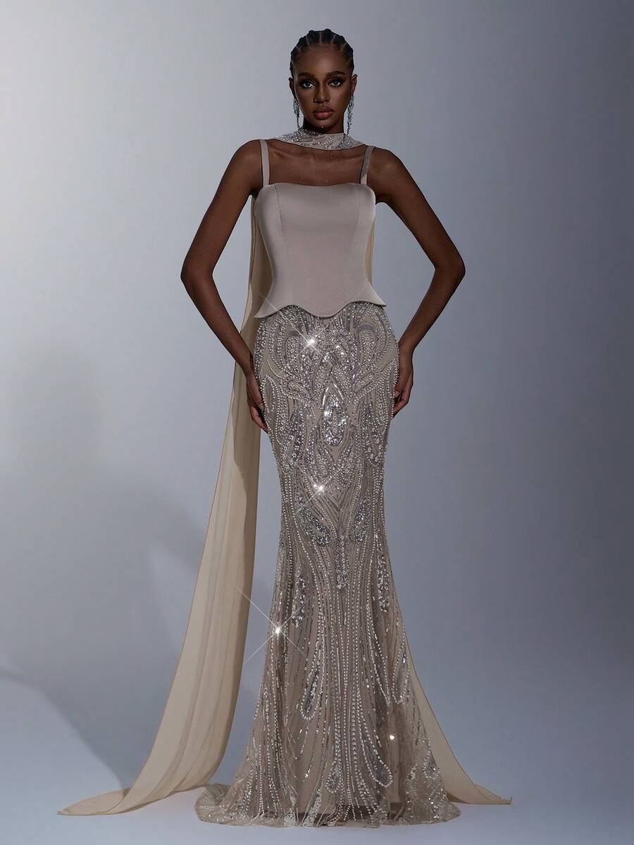 Elitara Petite Petite Elegant Luxurious Beaded Sequin Floral Mermaid Hem Dress Elastic Satin For Evening - Khaki - View 1