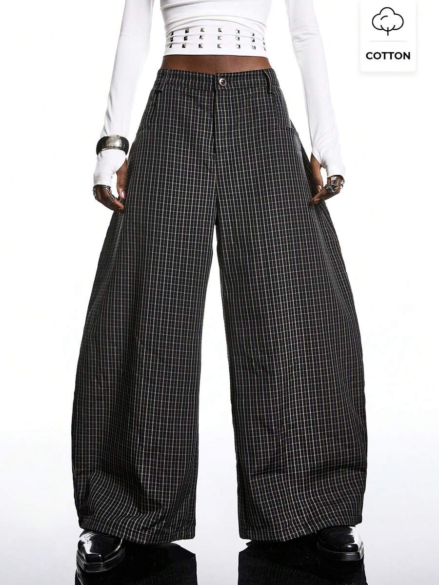 LYSMO Women's Multicolor Plaid Wide Leg Long Pants Casual All Over Print Trousers - Multicolor - View 1