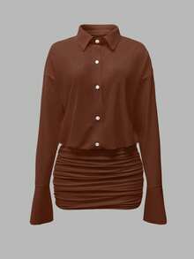 Cévolie Party Style Women's Mocha Brown Mini Dress Semi-Sheer Fabric Collar Button Front Regular Wrist-Length Sleeves Plain Pattern - Mocha Brown - View 5