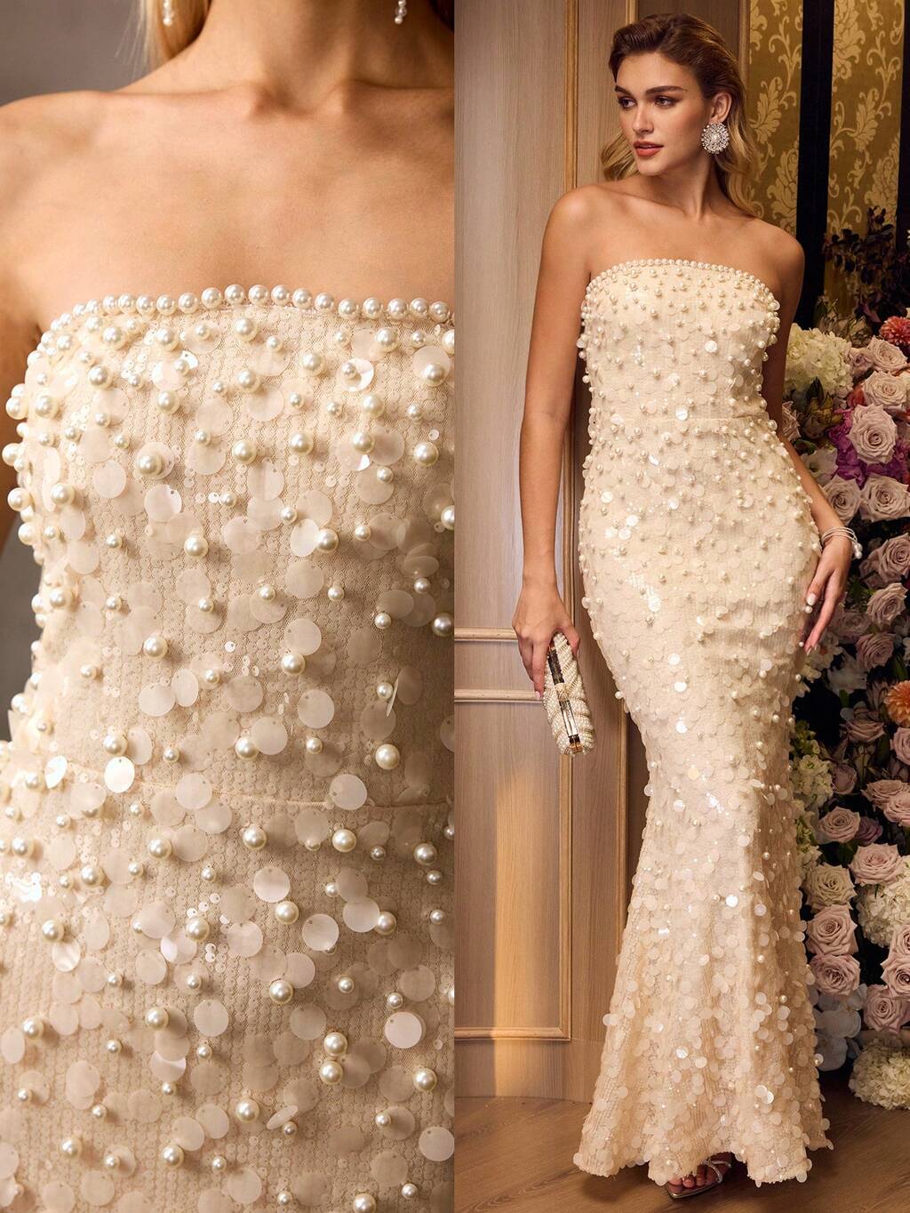 MOTF Soiréza ELEGANTE VESTIDO LARGO DE FIESTA CON LENTEJUELAS BRILLANTES SIN TIRANTES PARA MUJERES, VESTIDO CON DISEÑO DE COLA DE SIRENA AJUSTADO, CORDONES EN LA ESPALDA Y ADORNOS DE PERLAS FALSAS, PERFECTO PARA BODAS, GALAS Y AÑO NUEVO, COMBINAR CON TACONES ESTILOSOS Y JOYAS LLAMATIVAS