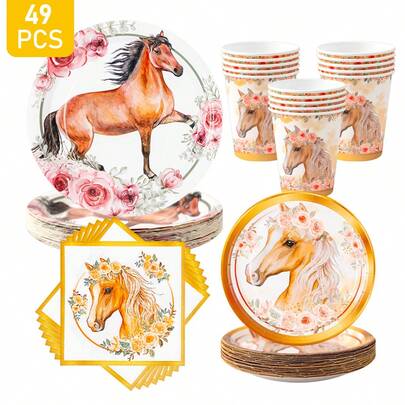 Gold Trim Flower Horse Disposable Plates, Napkins And Cups Set, Serves 8 Guests. This Disposable Party Set (Including Plates, Napkins And Cups) Is Perfect For Birthday Parties, Weddings And Family Picnics.