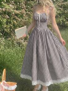 SHEIN MOD Red & White Plaid Romantic Cute Countryside Style Midi Dress - Black and White - View 4