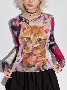 ROMWE Kawaii 女士可爱小猫抽象印花薄纱长袖上衣 - 彩色 - 查看 4