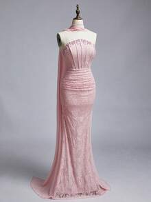 Elitara Petite Petite Petite Fit For The 150-160cm, Petite ,Elegant Luxurious Elastic Lace Strapless Shaping Corset With Rhinestone Embellished Detachable Necklace, Waist Slimming Pleated Fishtail Hem Dress, Suitable For Weddings, Parties, Vacations, Galas, And Formal Events - Baby Pink - View 15