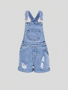 SHEIN 少女牛仔背带裤，夏季新品，中蓝色牛仔布，时尚休闲风格，修身剪裁，舒适棉质牛仔面料，适合日常穿着、上学、通勤和聚会。 - 淺色水洗藍 - 查看 4