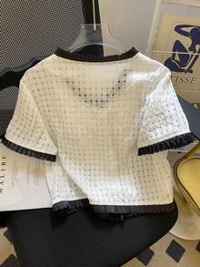 GlowEve Fashionable New Summer Elegant Short Sleeve Round Neck With Metal Button Decor, Ruffle Hem Contrast Color Splice Women Short Blouse - White - View 2