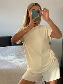 Livesso 女士舒适纯色简约针织波浪下摆睡衣套装，夏季 - 白色 - 查看 4