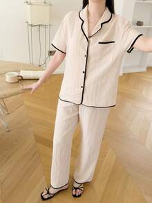 SHEIN Bộ đồ ngủ thoải mái cho bé gái tuổi teen, màu mơ, chất liệu chiffon mềm mại, cổ áo phối viền tương phản, gồm áo khoác cardigan và quần dài. - Màu be - Xem 5