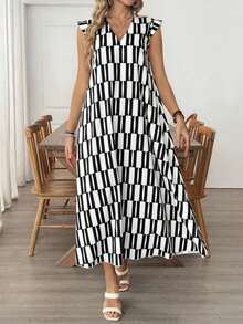 EMERY ROSE Women's Retro Patterned Extra Long Dress,White And Black Summer Casual Vacation Holiday Resort Wear Cruise Outfit Greece Sundress Fall Clothes - Black and White - View 3