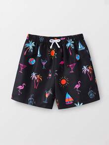 SHEIN Bubblio Bộ 1 quần short đi biển 2 trong 1 cho bé trai tuổi teen, in hình cây dừa nhiệt đới, thích hợp cho kỳ nghỉ, sinh hoạt hàng ngày, đi học, du lịch, thể thao, mùa xuân và mùa hè. Quần bơi nam màu đen, quần bơi họa tiết nhiệt đới. - Nhiều màu - Xem 5