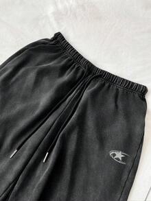 Attitoon 女士休闲低腰直筒运动裤，舒适棉质面料，星形印花图案，适合夏季穿着，水洗效果，Y2K风格，时尚街头风 - 黑色 - 查看 5