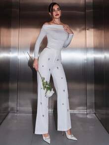 Bris Aura 秋冬时尚简约奢华缀饰修身喇叭裙裤、晚礼服、节日 - 白色 - 查看 3