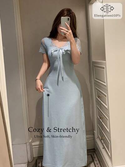 Vestido de manga corta con cintura ceñida y parches de encaje, ropa de dormir de verano para mujer