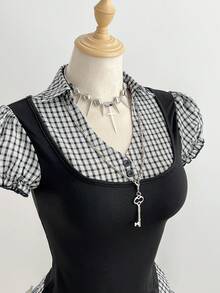 Elamini Women's Black Plaid V-Neck Fitted Short Sleeve Shirt, Versatile - Black - View 1