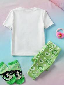 THE POWERPUFF GIRLS X SHEIN 2pcs Baby Girl Cute Cartoon Print Casual Style Round Neck Short Sleeve Top And Leggings Comfortable Pajamas - Multicolor - View 2