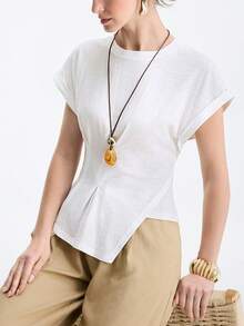 Aalyst Women's Elegant White Summer T-Shirt Casual Round Neck Short Sleeve Asymmetrical Hem Ruffled Waist Top,Suitable For Work,Dates And Vacation - White - View 7