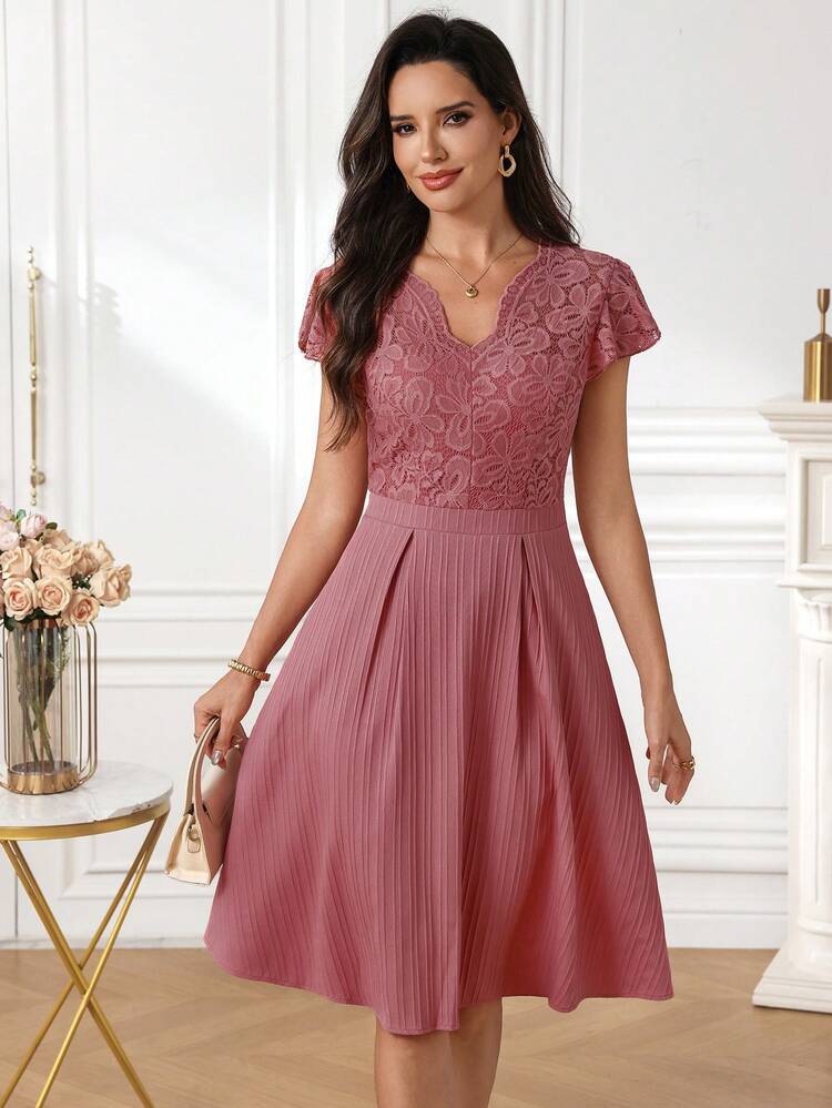 Pink Lace V Neck Fitted Waist Flared Midi Dress Elegant Formal Party Wedding Guest Bridesmaid Outfit Pink Dress Pink Top Elegant Dresses For Women Formal Dresses For Women Party Dresses For Women Wedding Guest Dresses For Women Party Outfit Wedding Outfit,Summer Dress Elegant Midi Dress,Graduation Outfit For Mother,Wedding Guest Dress For Women, Ruffle Dress,Summer Outfits For Women
