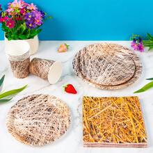 Gold Thread Disposable Plates, Napkins And Cups Set, Serves 8 Guests. This Disposable Party Set (Including Plates, Napkins And Cups) Is Perfect For Birthday Parties, Weddings And Family Picnics. - View 4