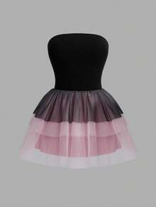 Sweetra CURVE Wedding Bridal Wedding Season Plus Size Women Black Ombre Mesh Layered Puff Mini Dress - Multicolor - View 2