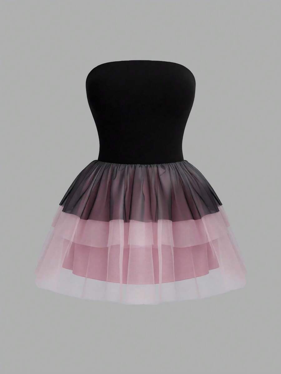 Sweetra CURVE Wedding Bridal Wedding Season Plus Size Women Black Ombre Mesh Layered Puff Mini Dress