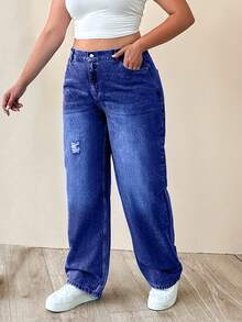 EURMUSE 100% Cotton Plus Size Women's Mid-Blue Elastic Waist Straight Leg Jeans - Dark Wash - View 7