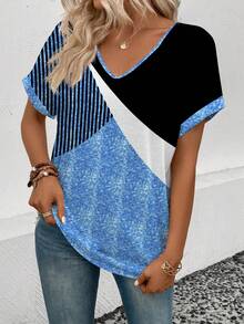 EMERY ROSE New Women's Fashion Printed Graphic Color Block V-Neck Short Sleeve Loose T-Shirt - Multicolor - View 3