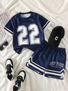 Fantacosmos Jungen Lässig Sport Grafik Muster Dehnbar Strick Rundhals Kurzarm T-Shirt und Shorts Set, geeignet für Pendeln, Schule, Alltag Lässig, Sport, Fitness, Outdoor Aktivitäten, Frühling/Sommer - Königsblau - Übersicht 3