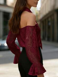 EMERY ROSE Blusa elegante da donna con spalle scoperte, collo con laccio e colore unito, adatta per l'ufficio - Bordò - Visualizzare 4