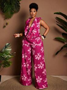 Maweii Plus Size Women's Fuchsia Floral Print 2 Pieces Set,Pink Summer Holiday Vacation Camisole Top&Elastic Waist Wide Leg Pants,Bohemian Resort Wear Holiday - Hot Pink - View 4