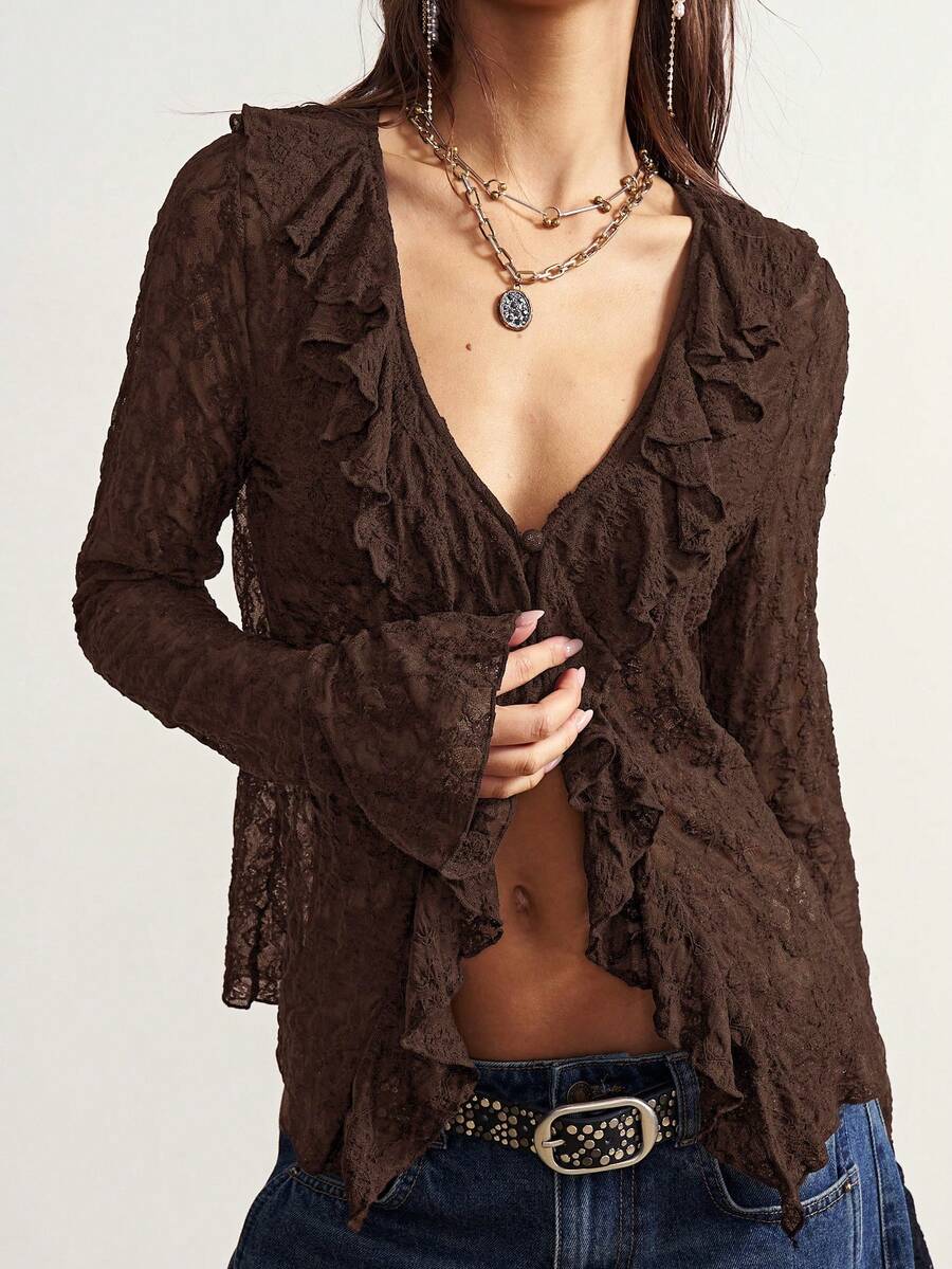Bohemela Boho Casual Solid Color Lace Knit Ruffle Trim Long Sleeve Blouse For Women,Summer Top - Chocolate Brown - View 1