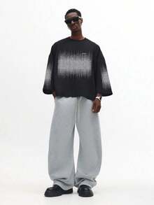SUMWON 男士宽松圆领短袖T恤，抽象白色竖线印花设计，现代街头风图案T恤 - 黑色 - 查看 3
