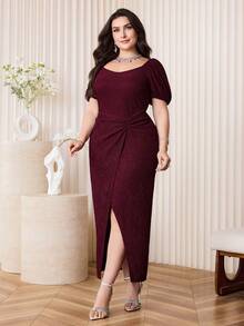 Modelyn Plus Size Women Solid Color Split Design Ruched Waist Elegant Party Dress - Burgundy - View 5