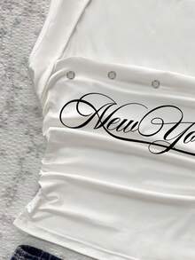 SHEIN EZwear 女士复古镂空装饰手写字母印花褶皱吊带背心，Y2K 黑白街头风夏季城市度假复古百搭背心 - 彩色 - 查看 4