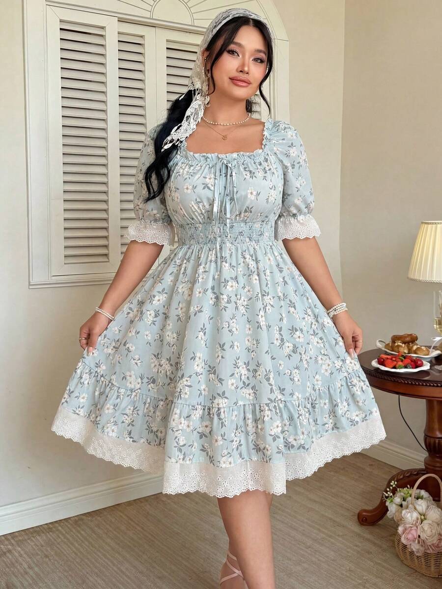 SHEIN Clasi 大码女式夏季蓝色碎花泡泡袖荷叶边A字连衣裙 - 藍色 - 查看 1