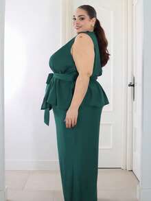 Pretty and Ole Plus Size Women Casual Solid Color Sleeveless Top & Pants 2 Pieces Set,Cardigan With Irregular Hem, Straps, And Wide-Leg Pants,Green,Summer - Dark Green - View 4