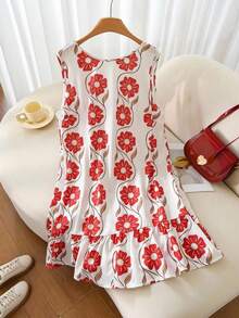 SHEIN Frenchy 大码女式夏季度假印花无袖荷叶边宽松连衣裙 - 紅色 - 查看 2