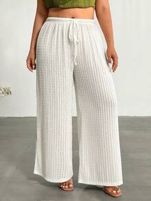 Firerie Plus Size Casual Solid Color Wide Leg Pants - Apricot - View 4