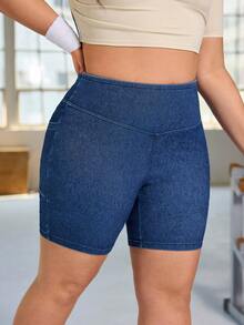 Flexra Plus Size Women's Casual Elastic Denim Shorts, Summer - Dark Wash - View 6